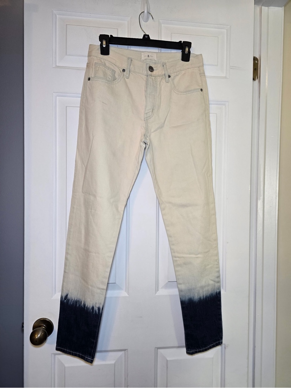 Lou & Grey Loft Button Fly Boyfriend Jeans Sz 26 White/Blue Ombré Dip Dye